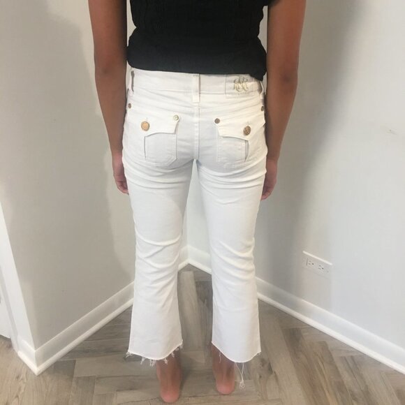ROCK & REPUBLIC White Kiss Boot Cut Crop Raw Edge Hem Gold Buttons Jeans 28 - Picture 4 of 11